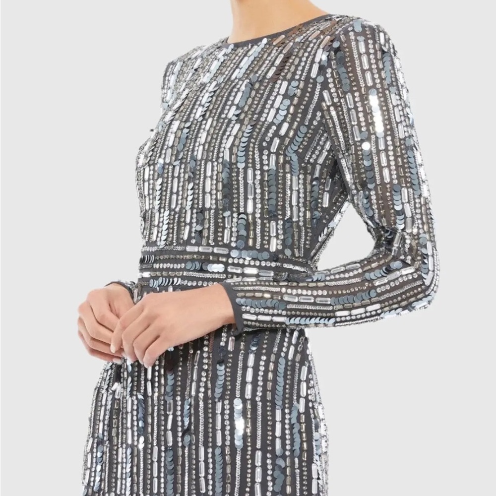 NWT Mac Duggal Embellished Dark Grey Long Sleeve Sheath Dress, size 6 - Picture 3 of 6